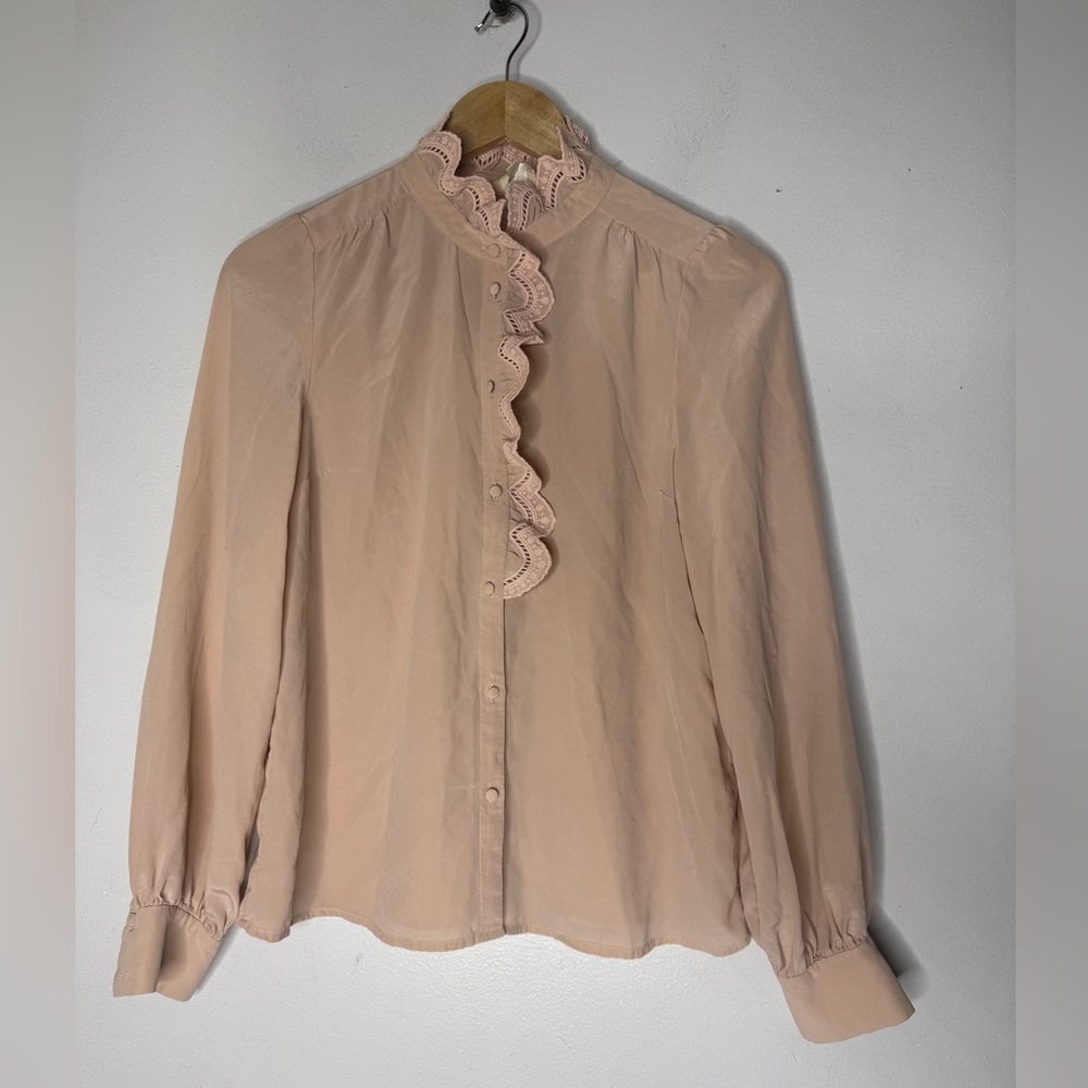 Sezane Pale Blush Pink Ruffle-Trim Button Down Shirt